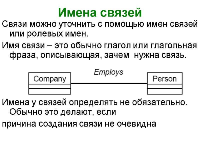 Имена связей Связи можно уточнить с помощью имен связей или ролевых имен. Имя связи